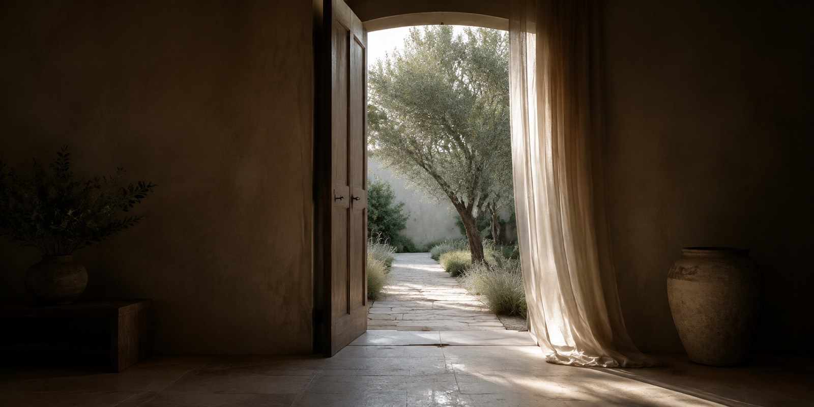 An open door leading to a sunlit garden path beneath an olive tree
