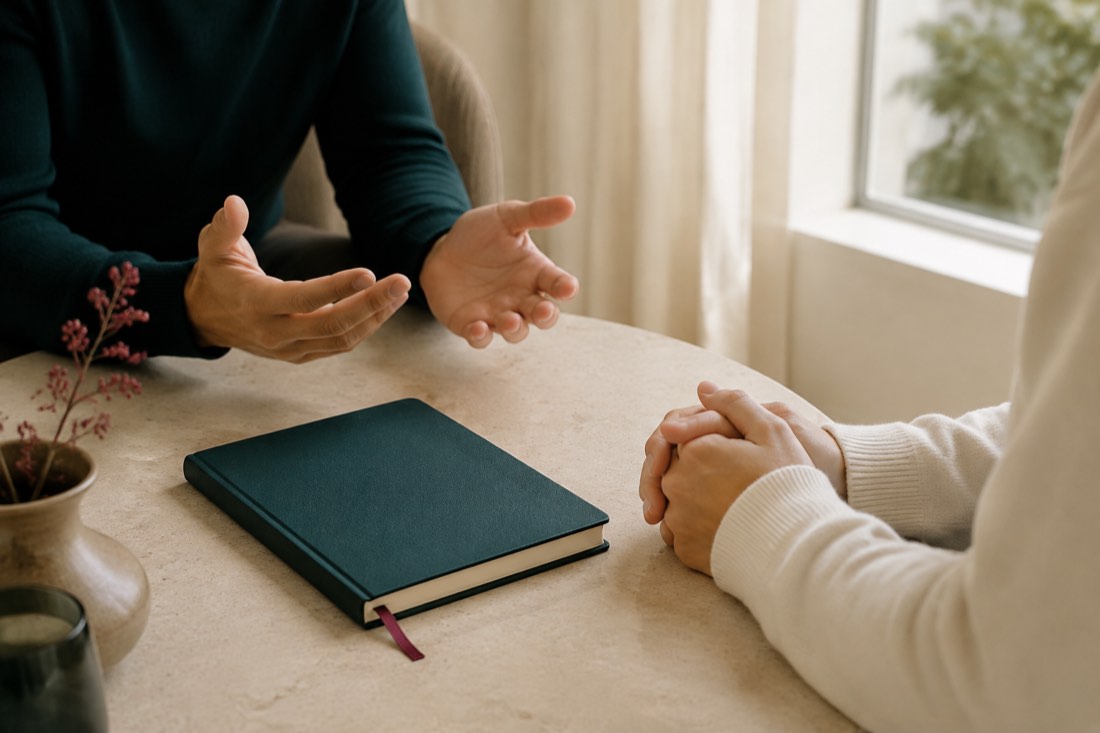 Two people in a quiet conversation over an open notebook