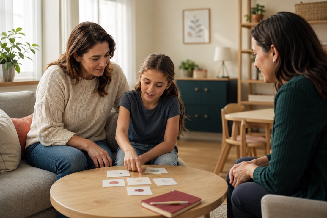 A child completing a structured visual task while a clinician observes