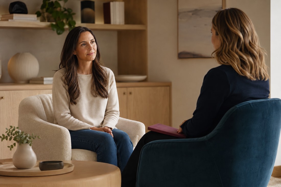 A woman reflecting with her therapist after a guided eye-movement exercise