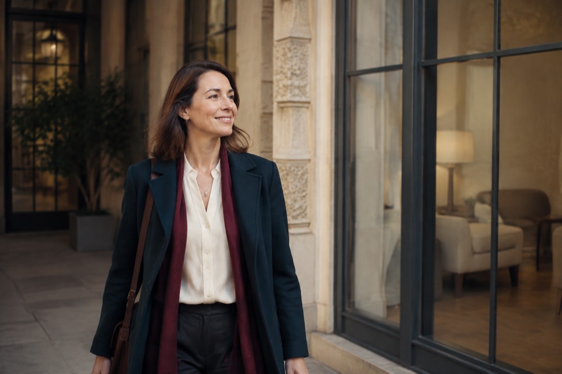 A confident woman smiling as she walks outside in natural light