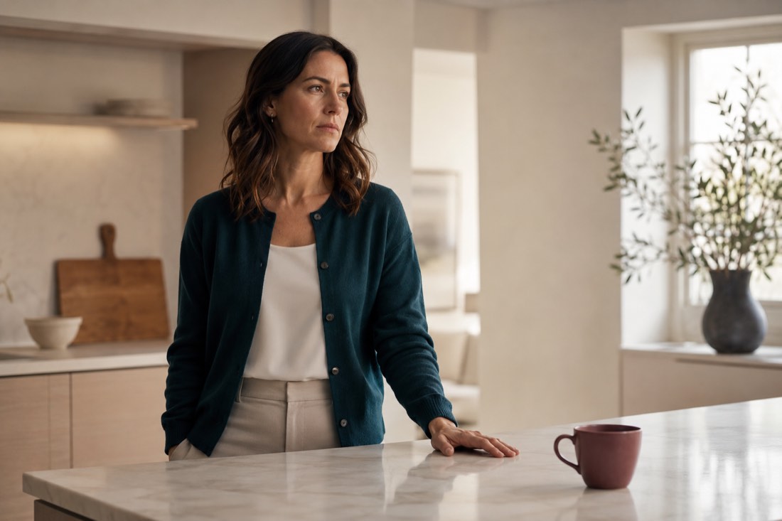 A capable-looking woman pausing at a kitchen counter, lost in thought