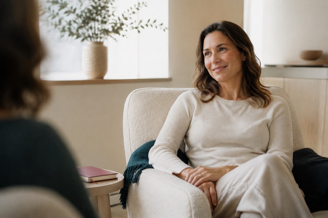 A relaxed woman smiling during a results conversation