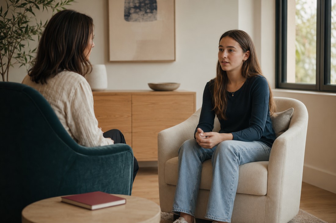 A teenage girl speaking thoughtfully with a therapist