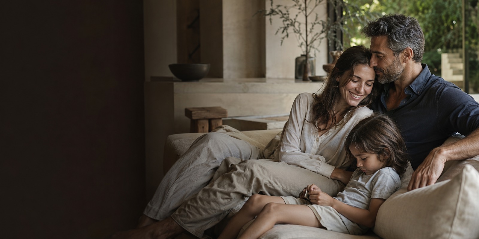 A mother, father, and child resting close together on a sofa in soft evening light